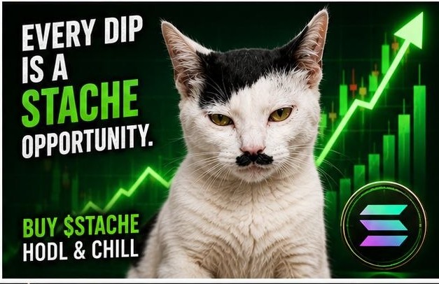 Stache Cat with green candles: every dip is a stache opportunity
