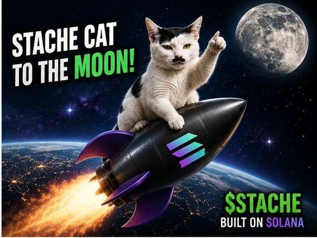 Stache Cat riding a Solana rocket to the moon
